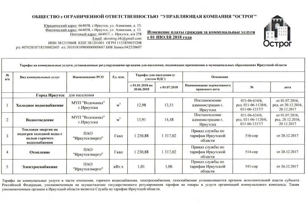 Тарифы на коммунальные ресурсы с 01.07.2018 для населения г.Иркутска
